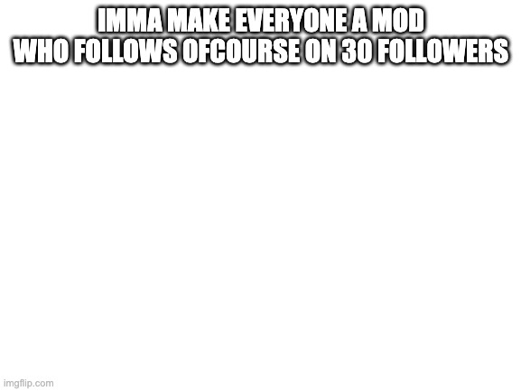Blank White Template | IMMA MAKE EVERYONE A MOD WHO FOLLOWS OFCOURSE ON 30 FOLLOWERS | image tagged in blank white template | made w/ Imgflip meme maker
