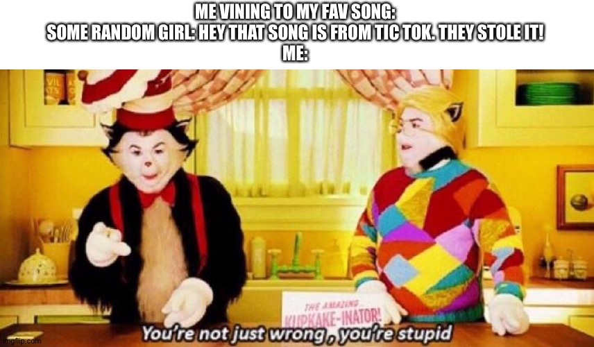 You’re not just wrong, you’re stupid | ME VINING TO MY FAV SONG:
SOME RANDOM GIRL: HEY THAT SONG IS FROM TIC TOK. THEY STOLE IT!
ME: | image tagged in you re not just wrong you re stupid,memes,tik tok sucks | made w/ Imgflip meme maker