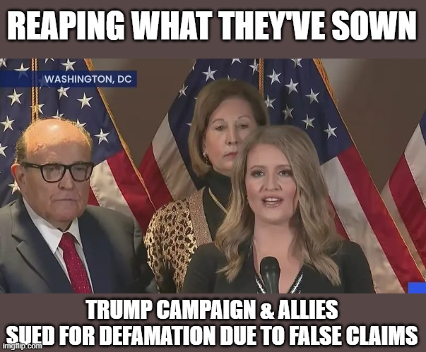 Trump team lawyers, et al, now facing repercussions for their lies about voting machine fraud | REAPING WHAT THEY'VE SOWN; TRUMP CAMPAIGN & ALLIES
SUED FOR DEFAMATION DUE TO FALSE CLAIMS | image tagged in trump,election 2020,voter fraud,gop scammers,losers,the big lie | made w/ Imgflip meme maker