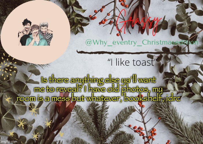 I’m bored and grateful lol | Is there anything else ya’ll want me to reveal? I have old photos, my room is a mess but whatever, bookshelf, idrc | image tagged in why_eventry christmas template | made w/ Imgflip meme maker