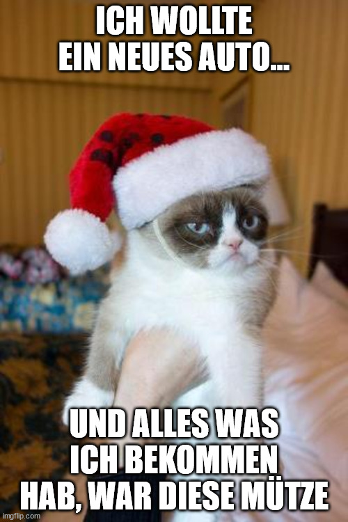 Grumpy Cat Christmas Meme | ICH WOLLTE EIN NEUES AUTO... UND ALLES WAS ICH BEKOMMEN HAB, WAR DIESE MÜTZE | image tagged in memes,grumpy cat christmas,grumpy cat | made w/ Imgflip meme maker