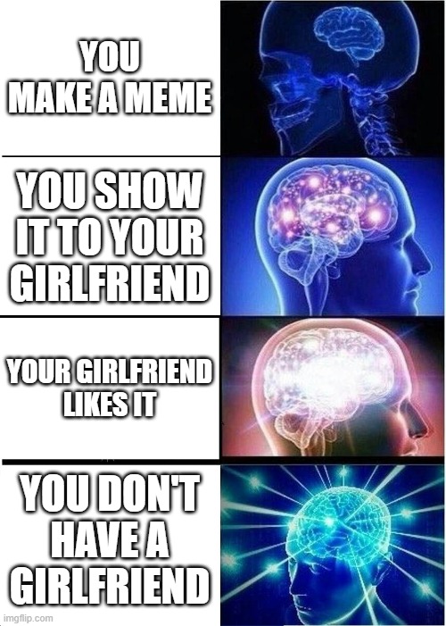 Expanding Brain | YOU MAKE A MEME; YOU SHOW IT TO YOUR GIRLFRIEND; YOUR GIRLFRIEND LIKES IT; YOU DON'T HAVE A GIRLFRIEND | image tagged in memes,expanding brain | made w/ Imgflip meme maker