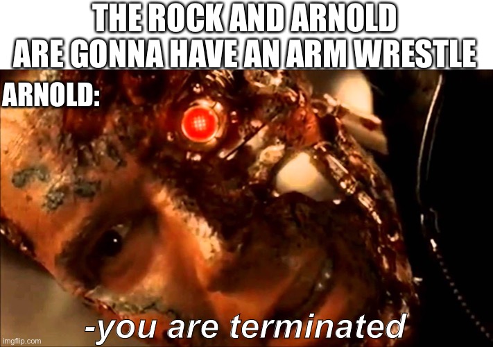 You are terminated | THE ROCK AND ARNOLD ARE GONNA HAVE AN ARM WRESTLE; ARNOLD:; -you are terminated | image tagged in t3 rise of the machines | made w/ Imgflip meme maker