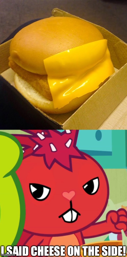 Cheese on the side please. | I SAID CHEESE ON THE SIDE! | image tagged in pissed-off flaky htf,memes,funny,happy tree friends,job fails,you had one job | made w/ Imgflip meme maker