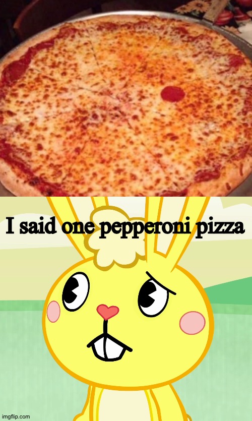 One pepperoni pizza please! | I said one pepperoni pizza | image tagged in confused cuddles htf | made w/ Imgflip meme maker
