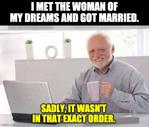 Order is important! | I MET THE WOMAN OF MY DREAMS AND GOT MARRIED. SADLY, IT WASN'T IN THAT EXACT ORDER. | image tagged in harold | made w/ Imgflip meme maker