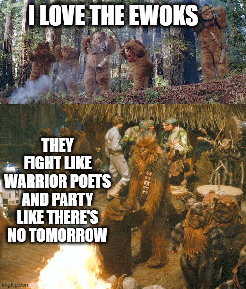 The Ewoks are great folks | I LOVE THE EWOKS; THEY FIGHT LIKE WARRIOR POETS AND PARTY LIKE THERE'S NO TOMORROW | image tagged in ewok,return of the jedi,warriors,party | made w/ Imgflip meme maker
