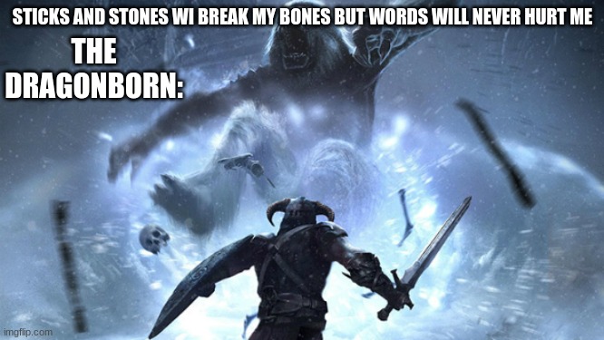 Words will never hurt me | STICKS AND STONES WI BREAK MY BONES BUT WORDS WILL NEVER HURT ME; THE DRAGONBORN: | image tagged in funny memes,lol so funny,memes,skyrim,shouting | made w/ Imgflip meme maker