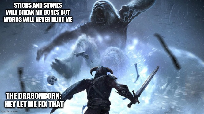 Words will never hurt me version 2 (Improved) | STICKS AND STONES WILL BREAK MY BONES BUT WORDS WILL NEVER HURT ME; THE DRAGONBORN:  HEY LET ME FIX THAT | image tagged in funny memes,memes,lol so funny,skyrim,shouting | made w/ Imgflip meme maker