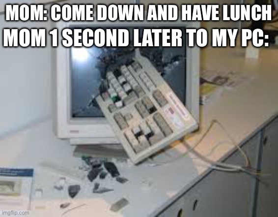 internet rage quit | MOM: COME DOWN AND HAVE LUNCH; MOM 1 SECOND LATER TO MY PC: | image tagged in internet rage quit | made w/ Imgflip meme maker