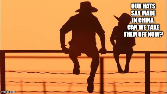 Cowboy father and son | OUR HATS SAY MADE IN CHINA. CAN WE TAKE THEM OFF NOW? | image tagged in cowboy father and son | made w/ Imgflip meme maker