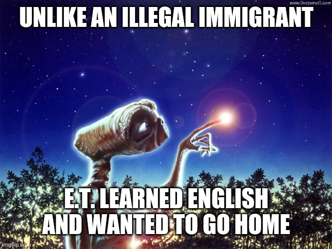 Do things the right way! | UNLIKE AN ILLEGAL IMMIGRANT; E.T. LEARNED ENGLISH AND WANTED TO GO HOME | image tagged in et phone home,aliens,ufo,english,stupid liberals,illegal immigration | made w/ Imgflip meme maker