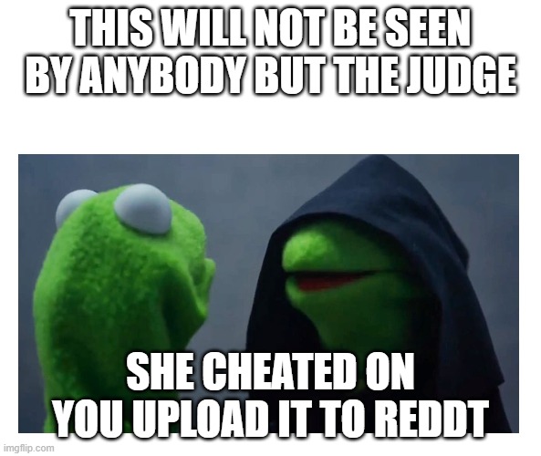 Sith Kermit | THIS WILL NOT BE SEEN BY ANYBODY BUT THE JUDGE; SHE CHEATED ON YOU UPLOAD IT TO REDDT | image tagged in sith kermit | made w/ Imgflip meme maker
