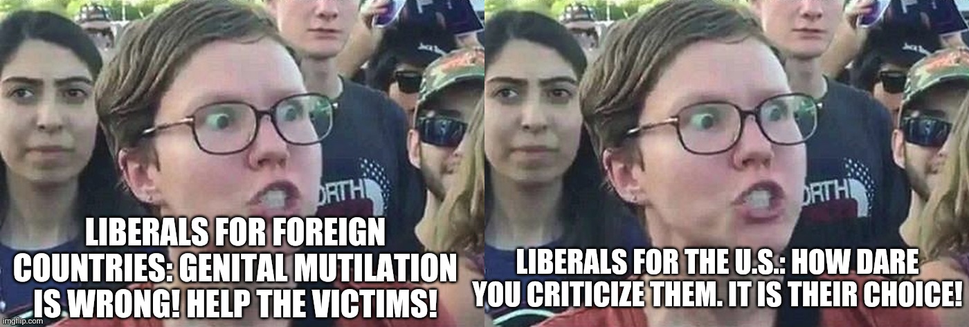Whether someone else does it or you do it yourself it is wrong either way. | LIBERALS FOR FOREIGN COUNTRIES: GENITAL MUTILATION IS WRONG! HELP THE VICTIMS! LIBERALS FOR THE U.S.: HOW DARE YOU CRITICIZE THEM. IT IS THEIR CHOICE! | image tagged in triggered liberal,stupid liberals,liberal hypocrisy,so wrong | made w/ Imgflip meme maker