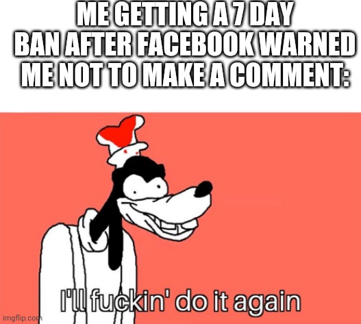 I'll do it again | ME GETTING A 7 DAY BAN AFTER FACEBOOK WARNED ME NOT TO MAKE A COMMENT: | image tagged in i'll do it again | made w/ Imgflip meme maker