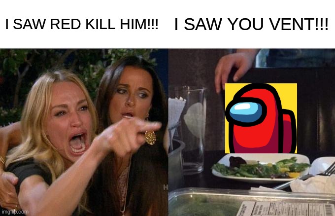Woman Yelling At Cat | I SAW RED KILL HIM!!! I SAW YOU VENT!!! | image tagged in memes,woman yelling at cat,funny,among us | made w/ Imgflip meme maker