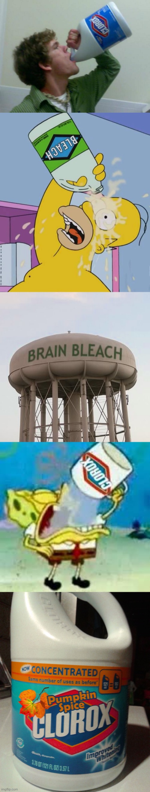 Bleach | image tagged in drink bleach,homer with bleach,brain bleach tower,spongebob chugs bleach,pumpkin spice bleach | made w/ Imgflip meme maker