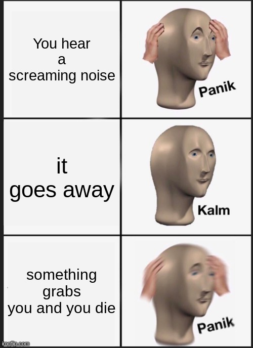 Panik Kalm Panik Meme | You hear a screaming noise; it goes away; something grabs you and you die | image tagged in memes,panik kalm panik | made w/ Imgflip meme maker