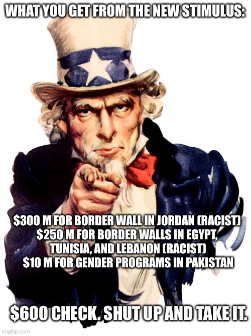 Just shut up and take what Congress gives you and ignore the other stuff | WHAT YOU GET FROM THE NEW STIMULUS:; $300 M FOR BORDER WALL IN JORDAN (RACIST) 


$250 M FOR BORDER WALLS IN EGYPT, 
TUNISIA, AND LEBANON (RACIST)


$10 M FOR GENDER PROGRAMS IN PAKISTAN; $600 CHECK. SHUT UP AND TAKE IT. | image tagged in memes,uncle sam,shut up and take it | made w/ Imgflip meme maker