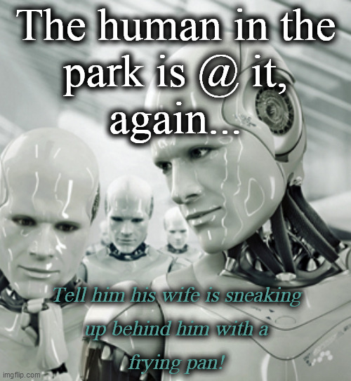 Robots Meme | The human in the
park is @ it,
again... Tell him his wife is sneaking
up behind him with a
frying pan! | image tagged in memes,robots | made w/ Imgflip meme maker