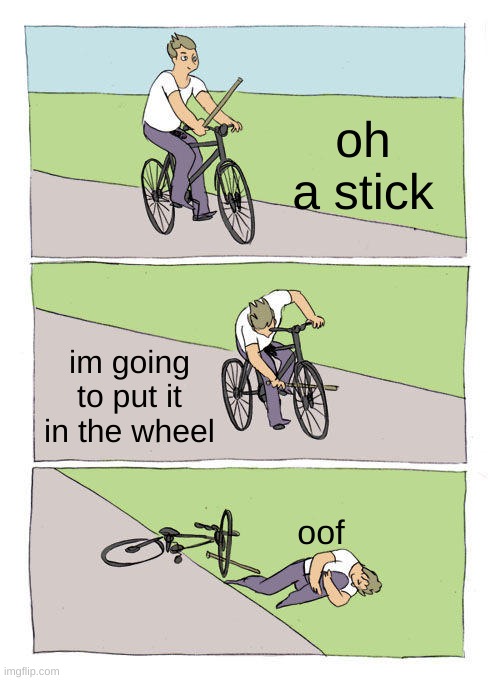 do not put a stick in a wheel | oh a stick; im going to put it in the wheel; oof | image tagged in memes,bike fall,evil stick | made w/ Imgflip meme maker