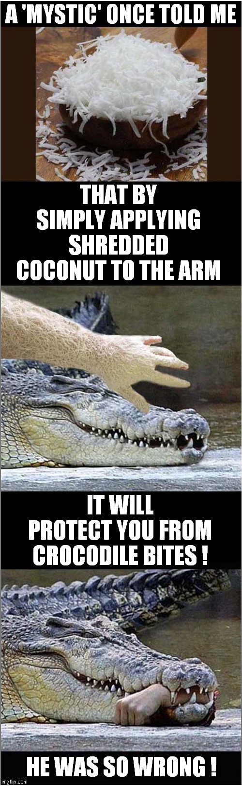 Who Knew Crocodiles Love A Coconut Topping On Their Food ! | A 'MYSTIC' ONCE TOLD ME; THAT BY SIMPLY APPLYING SHREDDED COCONUT TO THE ARM; IT WILL PROTECT YOU FROM CROCODILE BITES ! HE WAS SO WRONG ! | image tagged in fun,coconut,crocodile,bite,amputation,dark humor | made w/ Imgflip meme maker
