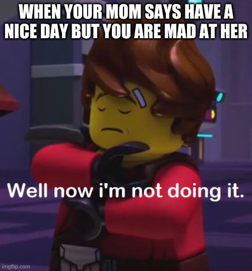 Well now i'm not doing it (Kai) | WHEN YOUR MOM SAYS HAVE A NICE DAY BUT YOU ARE MAD AT HER | image tagged in well now i'm not doing it kai | made w/ Imgflip meme maker