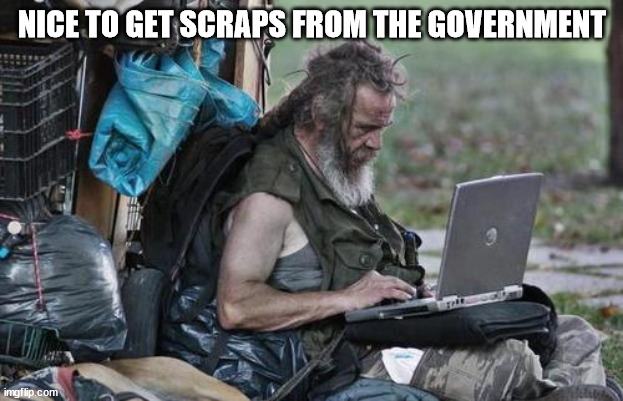 Homeless_PC | NICE TO GET SCRAPS FROM THE GOVERNMENT | image tagged in homeless_pc | made w/ Imgflip meme maker