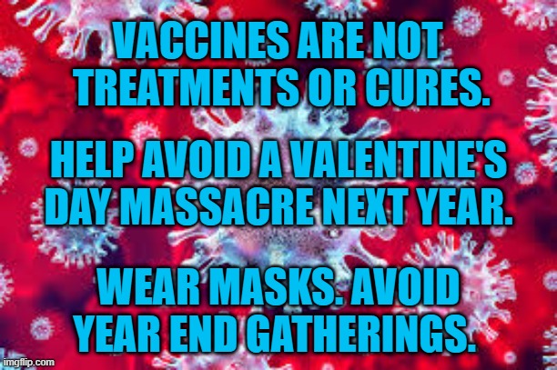 Don't Let Down Your Guard. | VACCINES ARE NOT
 TREATMENTS OR CURES. HELP AVOID A VALENTINE'S DAY MASSACRE NEXT YEAR. WEAR MASKS. AVOID YEAR END GATHERINGS. | image tagged in politics | made w/ Imgflip meme maker