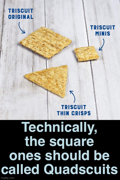 Four Sides | Technically, the square ones should be called Quadscuits | image tagged in funny memes,triscuits,bad jokes | made w/ Imgflip meme maker