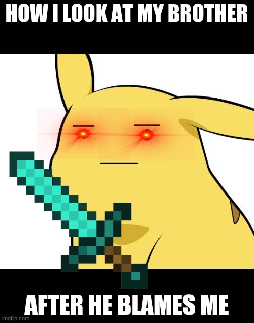 pikachu | HOW I LOOK AT MY BROTHER; AFTER HE BLAMES ME | image tagged in pikachu is not amused,my brother,he dead | made w/ Imgflip meme maker