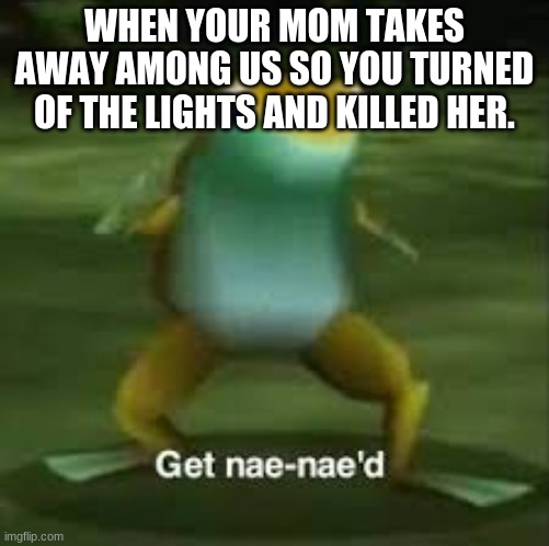 Get Nae Nae'd | WHEN YOUR MOM TAKES AWAY AMONG US SO YOU TURNED OF THE LIGHTS AND KILLED HER. | image tagged in get nae-nae'd,fwog,emergency meeting among us | made w/ Imgflip meme maker