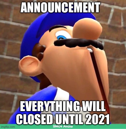 smg4's face | ANNOUNCEMENT; EVERYTHING WILL CLOSED UNTIL 2021 | image tagged in smg4's face | made w/ Imgflip meme maker