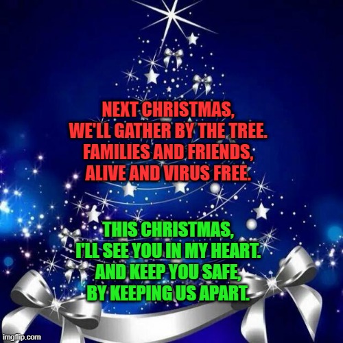 Have a Cool Yule | NEXT CHRISTMAS,
WE'LL GATHER BY THE TREE.
FAMILIES AND FRIENDS,
ALIVE AND VIRUS FREE. THIS CHRISTMAS,
I'LL SEE YOU IN MY HEART.
AND KEEP YOU SAFE,
BY KEEPING US APART. | image tagged in merry christmas | made w/ Imgflip meme maker