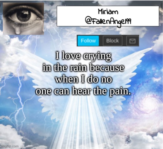 FallenAngel99's Template | I love crying in the rain because when I do no one can hear the pain. | image tagged in fallenangel99's template | made w/ Imgflip meme maker
