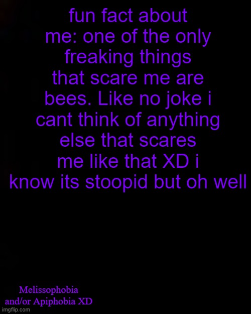 try to find other stuff that scares me lol theres probably like 1 other thing XD | fun fact about me: one of the only freaking things that scare me are bees. Like no joke i cant think of anything else that scares me like that XD i know its stoopid but oh well; Melissophobia and/or Apiphobia XD | image tagged in black | made w/ Imgflip meme maker