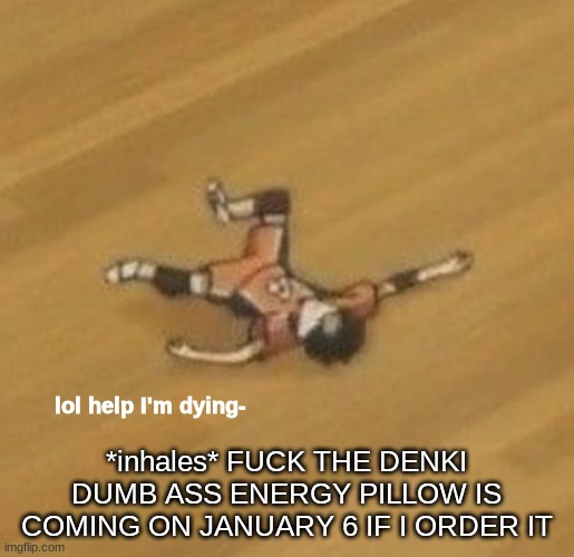 lol help I'm dying- | *inhales* FUCK THE DENKI DUMB ASS ENERGY PILLOW IS COMING ON JANUARY 6 IF I ORDER IT | image tagged in lol help i'm dying- | made w/ Imgflip meme maker