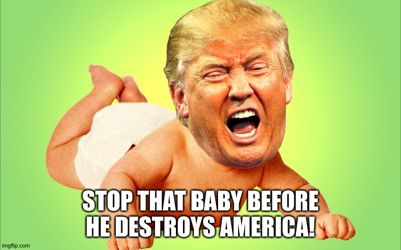He's a bigger baby than ever now! | STOP THAT BABY BEFORE HE DESTROYS AMERICA! | image tagged in baby trump | made w/ Imgflip meme maker