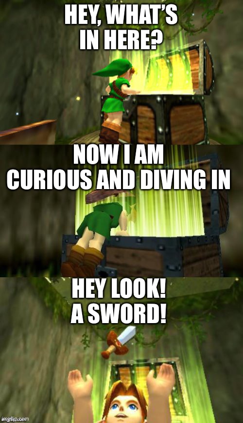 Probably what he was thinking. | HEY, WHAT’S IN HERE? NOW I AM CURIOUS AND DIVING IN; HEY LOOK! A SWORD! | image tagged in link gets item | made w/ Imgflip meme maker
