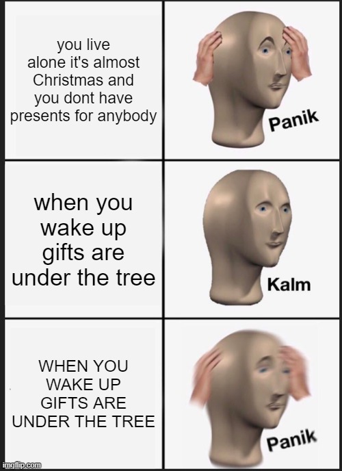 lol | you live alone it's almost Christmas and you dont have presents for anybody; when you wake up gifts are under the tree; WHEN YOU WAKE UP GIFTS ARE UNDER THE TREE | image tagged in memes,panik kalm panik | made w/ Imgflip meme maker