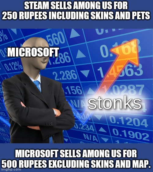 meme man microsoft stonks | STEAM SELLS AMONG US FOR 250 RUPEES INCLUDING SKINS AND PETS; MICROSOFT; MICROSOFT SELLS AMONG US FOR 500 RUPEES EXCLUDING SKINS AND MAP. | image tagged in stonks | made w/ Imgflip meme maker