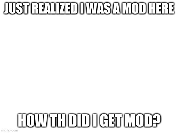just h o w cause i check what streams i moderate and boom, this was on the list |  JUST REALIZED I WAS A MOD HERE; HOW TH DID I GET MOD? | image tagged in blank white template | made w/ Imgflip meme maker