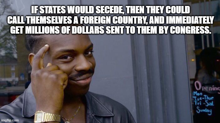 Secede | IF STATES WOULD SECEDE, THEN THEY COULD CALL THEMSELVES A FOREIGN COUNTRY, AND IMMEDIATELY GET MILLIONS OF DOLLARS SENT TO THEM BY CONGRESS. | image tagged in memes,roll safe think about it,united states,foreign,congress,stimulus | made w/ Imgflip meme maker