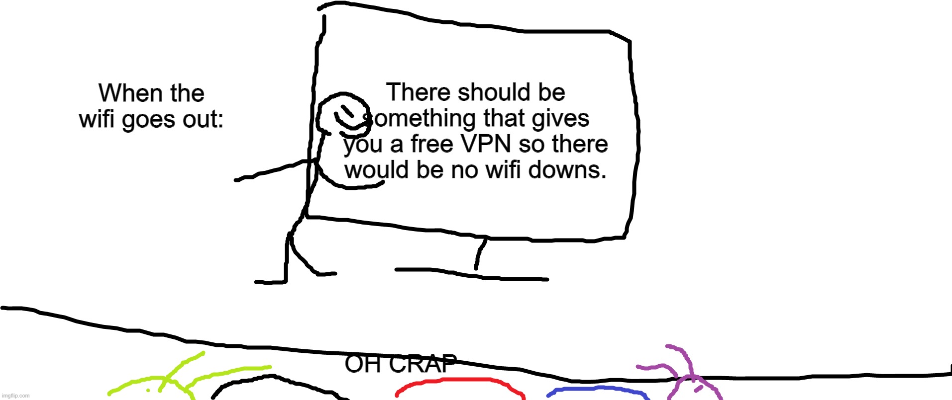 aehb | There should be something that gives you a free VPN so there would be no wifi downs. When the wifi goes out:; OH CRAP | image tagged in stickman presentation,wifi drops | made w/ Imgflip meme maker