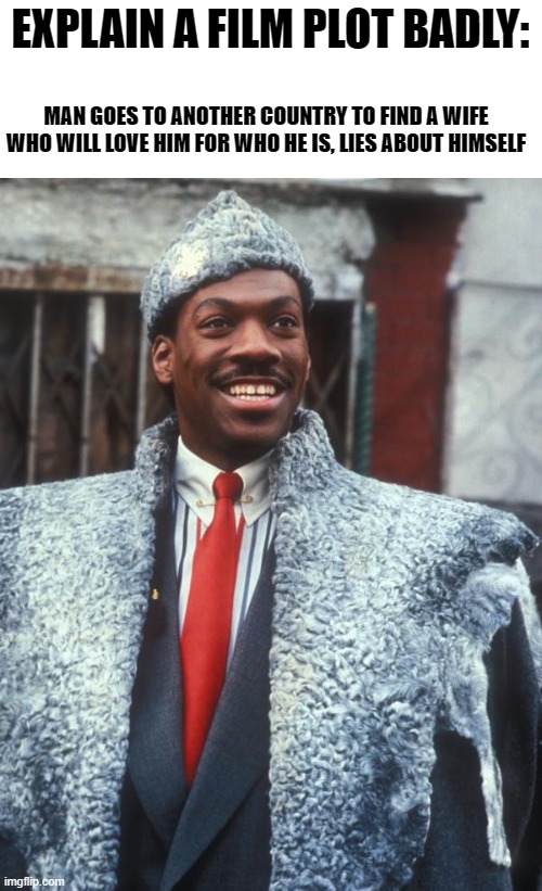 explain a film plot badly : coming to america | EXPLAIN A FILM PLOT BADLY:; MAN GOES TO ANOTHER COUNTRY TO FIND A WIFE WHO WILL LOVE HIM FOR WHO HE IS, LIES ABOUT HIMSELF | image tagged in akeem coming to america | made w/ Imgflip meme maker