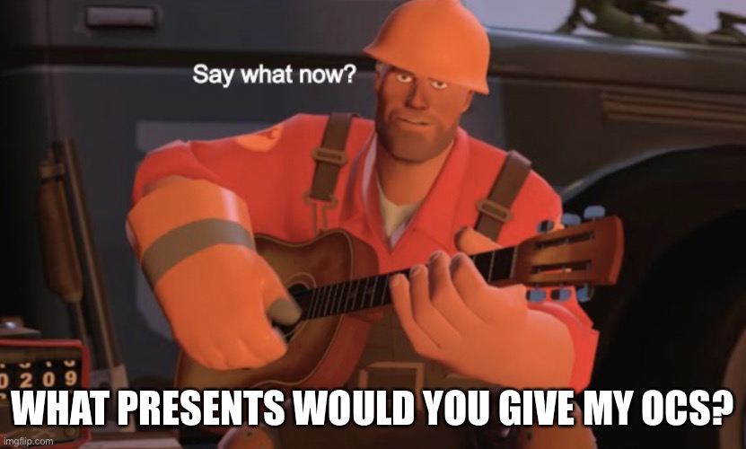 Say what now? | WHAT PRESENTS WOULD YOU GIVE MY OCS? | image tagged in say what now | made w/ Imgflip meme maker