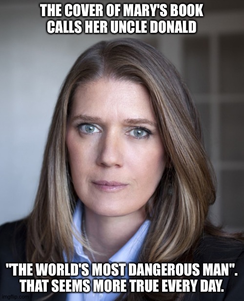 More true every day | THE COVER OF MARY'S BOOK
CALLS HER UNCLE DONALD; "THE WORLD'S MOST DANGEROUS MAN".
THAT SEEMS MORE TRUE EVERY DAY. | image tagged in mary l trump | made w/ Imgflip meme maker