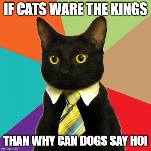 cats if dogs say hoi | IF CATS WARE THE KINGS; THAN WHY CAN DOGS SAY HOI | image tagged in memes,business cat | made w/ Imgflip meme maker