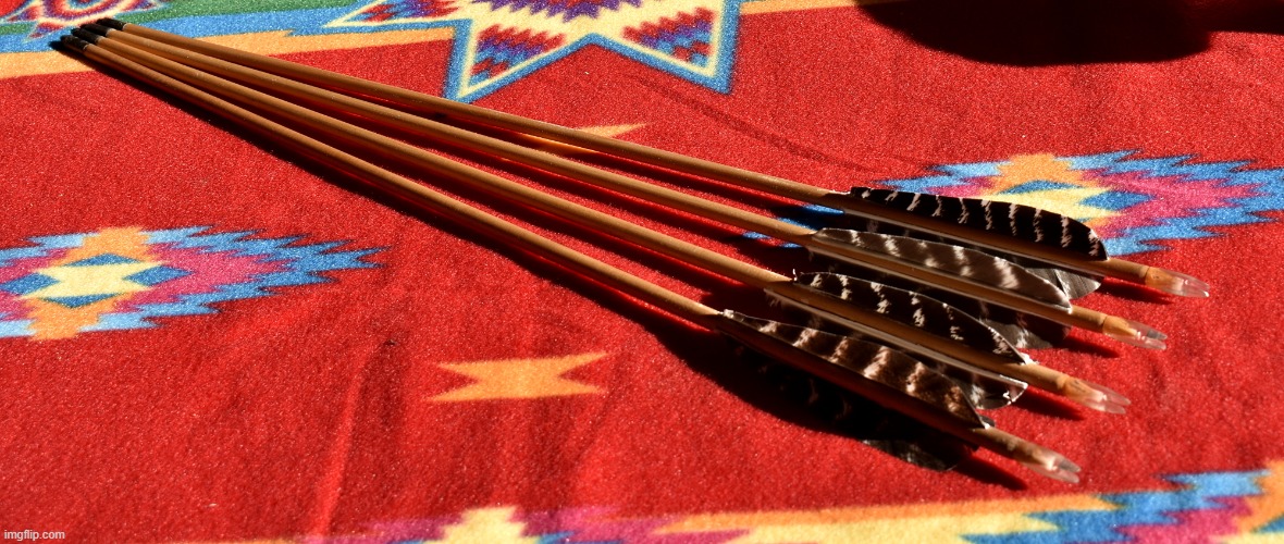 4 new arrows. I hand turned the shafts from port orford cedar and harvested the turkey feathers. | image tagged in arrows,kewlew | made w/ Imgflip meme maker