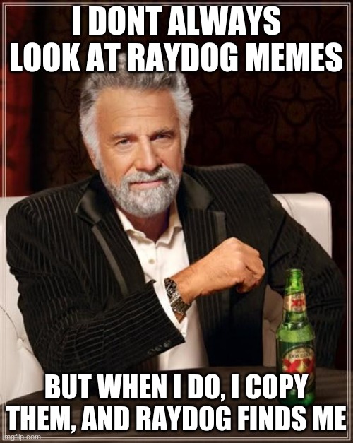 Raydog memes | I DONT ALWAYS LOOK AT RAYDOG MEMES BUT WHEN I DO, I COPY THEM, AND RAYDOG FINDS ME | image tagged in memes,the most interesting man in the world | made w/ Imgflip meme maker